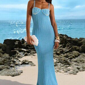 Blue Women's mermaid shell crochet knit maxi dress